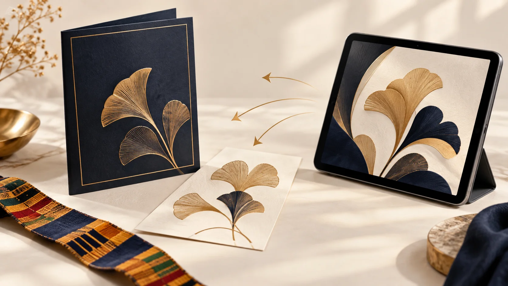 Matching botanical artwork on a booklet, image card and tablet with gold export arrows.
